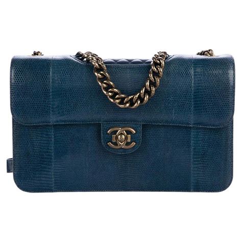 Chanel Blue Exotic Lizard Leather Gold Evening Medium Shoulder Flap Bag