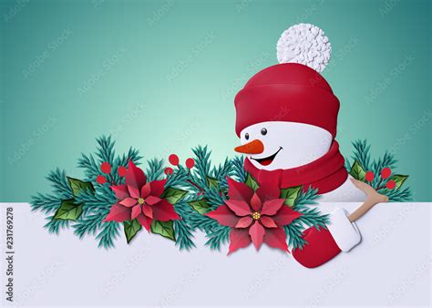 3d render happy snowman looking left smiling paper cut christmas greeting card template
