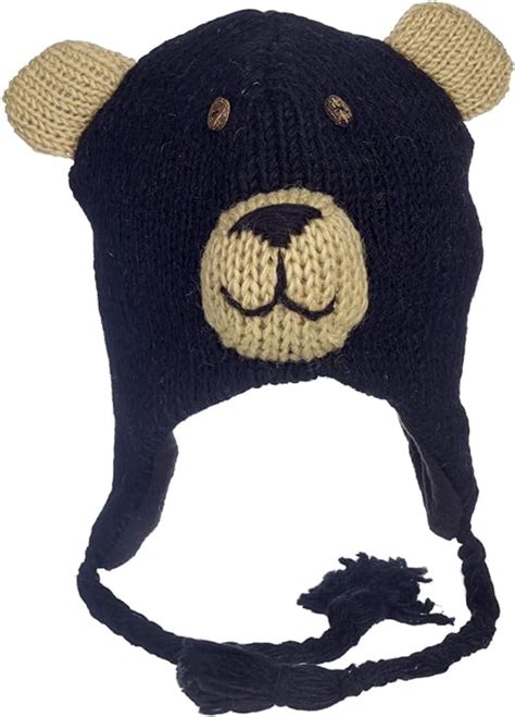 Hand Knitted Woolly Hat Black Bear Fun Wool Knit Fleece Lined