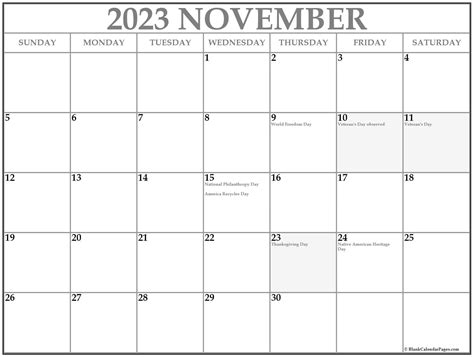 November 2023 With Holidays Calendar