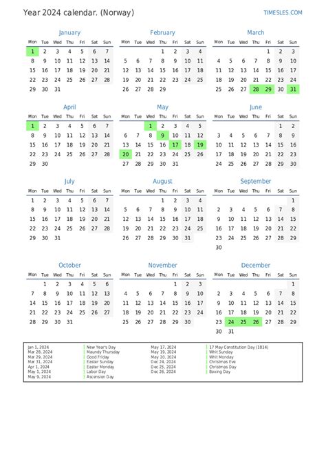Calendar For 2024 With Holidays In Norway Print And Download Calendar