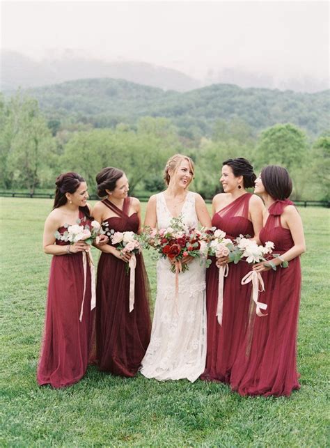 These Bridesmaids Look Gorgeous In Their Mismatched Crimson Dresses