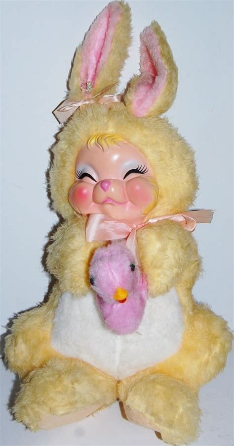 Rare Vintage Yellow Rushton Rubber Face Plush Stuffed Girl Bunny Rabbit