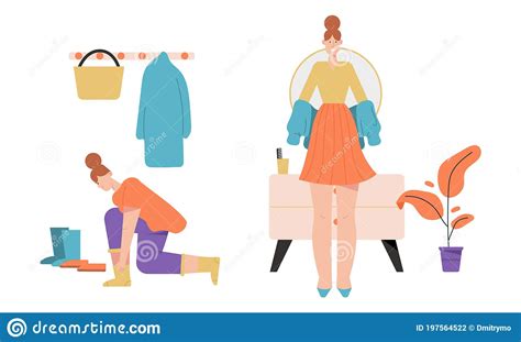 woman getting dressed or undressed and standing in hallway scenes vector illustration