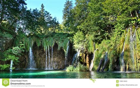 Picturesque Waterfalls Scenery In Plitvice Lakes National Park Stock
