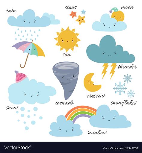 Cute Cartoon Weather Icons Forecast Meteorology Vector Image