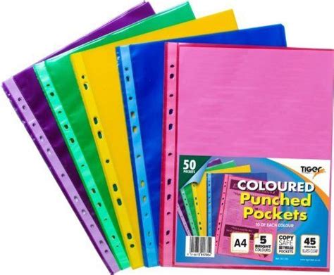 Tiger A4 50 Coloured Plastic Wallets Clear Strong Punched Ring Binder