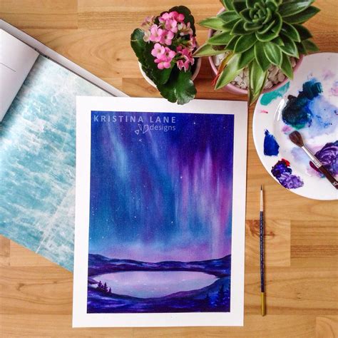 Lake Painting Oil Painting Nightscape Original Landscape Aurora