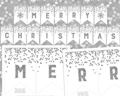 Printable Merry Christmas Banner Silver Glitter Confetti Snowflakes