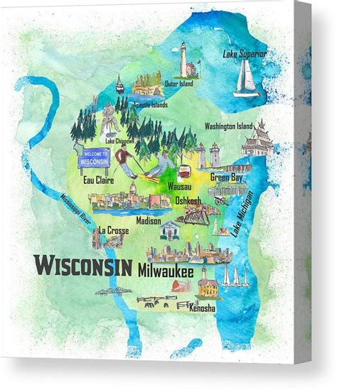 Wisconsin Usa State Illustrated Travel Poster Favorite Tourist Map