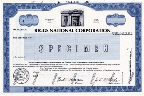 Riggs National Bank Stock Certificate Washington Dc