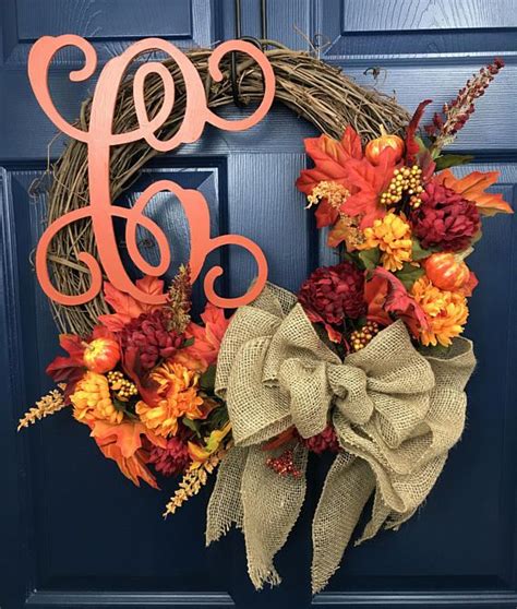 Fall Mum Leaf Pumpkin And Burlap Wreath With Monogram Fall Mums