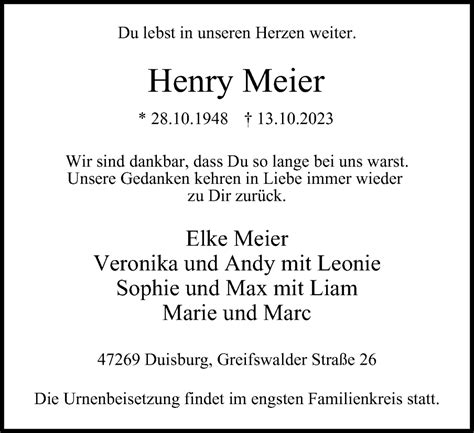 Traueranzeigen Von Henry Meier Trauer In NRW De