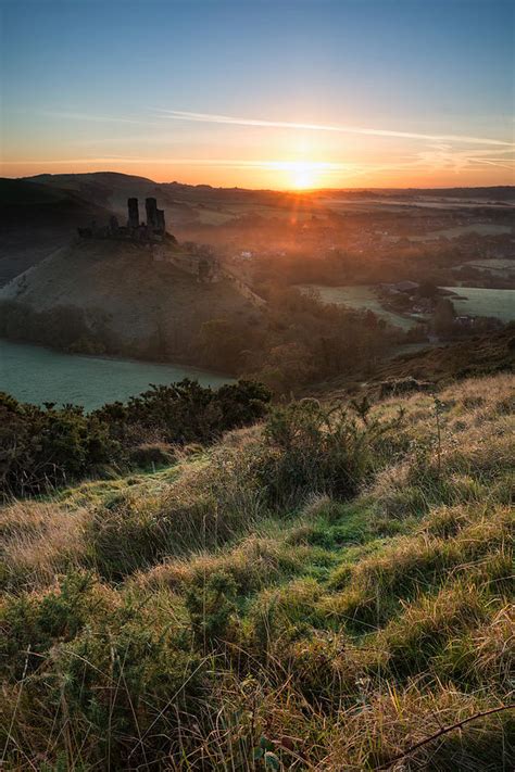Corfe Castle Landscape In Dorset On Foggy Autumn Morning Photograph By