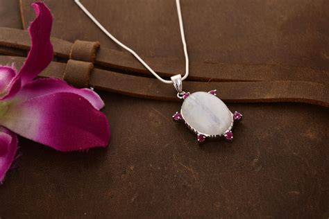 Natural Genuine Moonstone And Real Ruby Studded Silver Pendant Etsy