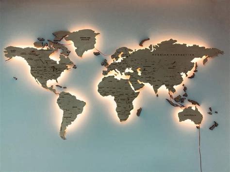 World Map Light Wood Wall Decor Large Travel Led Map Etsy World
