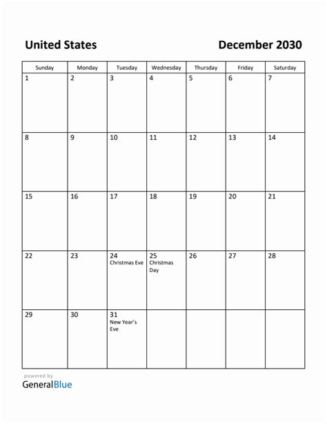 December 2030 Monthly Calendar With United States Holidays