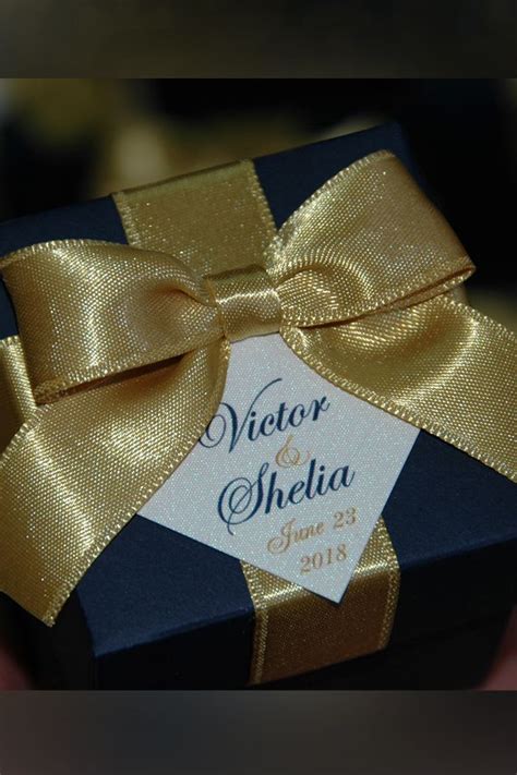 Navy Blue And Gold Wedding Party Favor T Box With Satin Ribbon Bow And