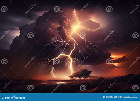 Dramatic Thunderstorm With Lightning Strike Illuminating The Night Sky