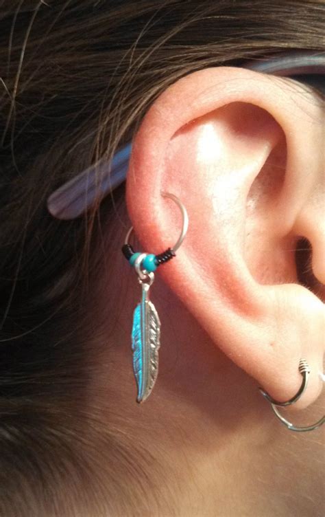Silver Feather Cartilage Hoop Turquoise Beaded Earring Boho Tragus