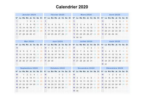 Calendrier 2020 Semaine Paires