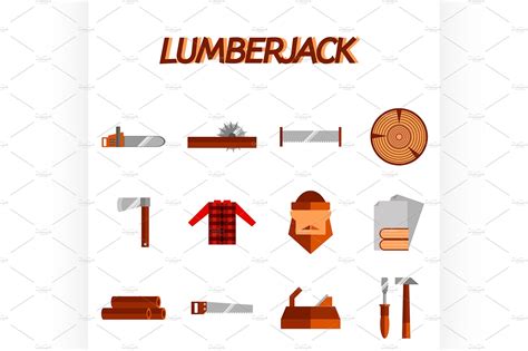 Lumberjack Flat Icon Set Illustrator Graphics ~ Creative Market