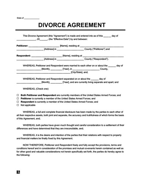 Fillable Printable Free Divorce Agreement Form Printable Forms Free Online