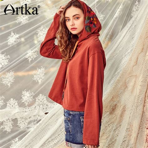 Artka Womens New Spring Hooded Embroidery Casual Caramel Pullover