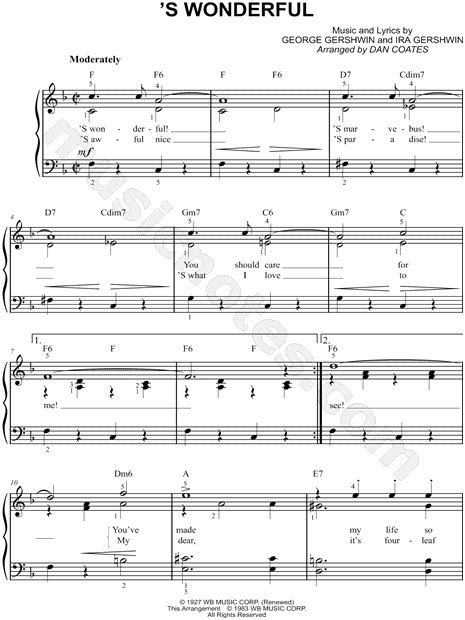 George Gershwin S Wonderful Sheet Music Easy Piano In F Major Download And Print Sku
