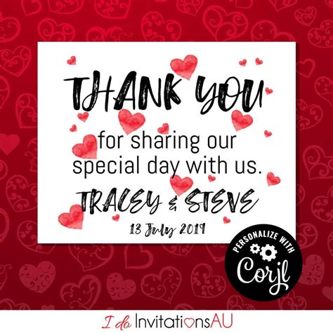 Buy Red Hearts Wedding Thank You Card Template Editable Printable