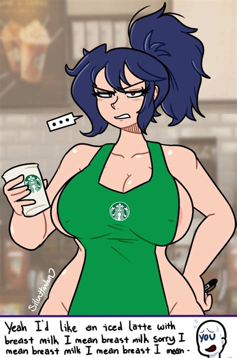 rule 34 angry apron big breasts blue hair english text female female focus iced latte with
