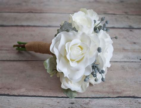White Rose Wedding Bouquet With Silver Brunia And Dusty Miller Rustic