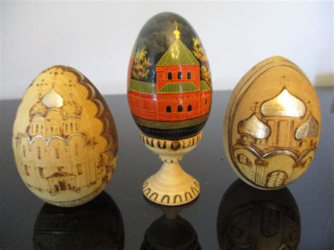 3 Vintage Hand Painted Carved Russian Wooden Christmaseaster Ornament