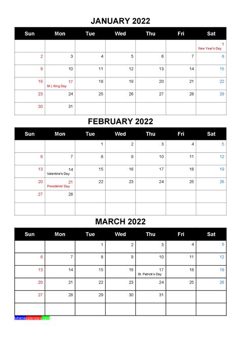 Free January February March 2022 Printable Calendar Template