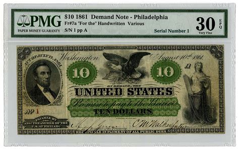 The collectors we sell paper money to love bills with low serial numbers, the lower the better they say. Rare U.S. Currency: PMG Grades Third Known Serial Number 1 Philadelphia $10 Demand 1861 Note