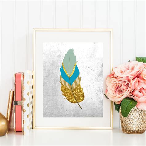 Aqua gold feather, golden feather, Teal feather art, Striped feather, sparkle feather, Feather ...