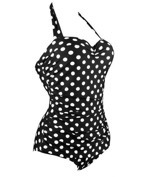One Piece Swimsuit For Womens Retro Vintage Bathing Suit Shirred Details Monokini Black Polka