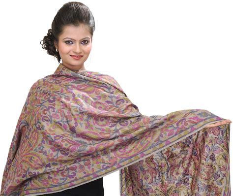 Gray Pure Pashmina Stole With Multi Color Kani Weave Exotic India Art