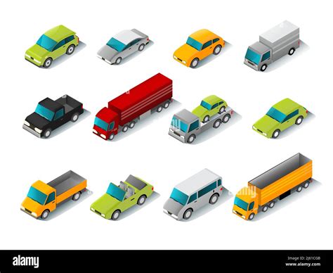 Isometric Car Icons Set With 3d Vans And Trucks Isolated Vector