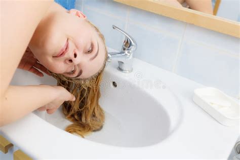 Woman Washing Her Hair In Sink Stock Image Image Of Long Water