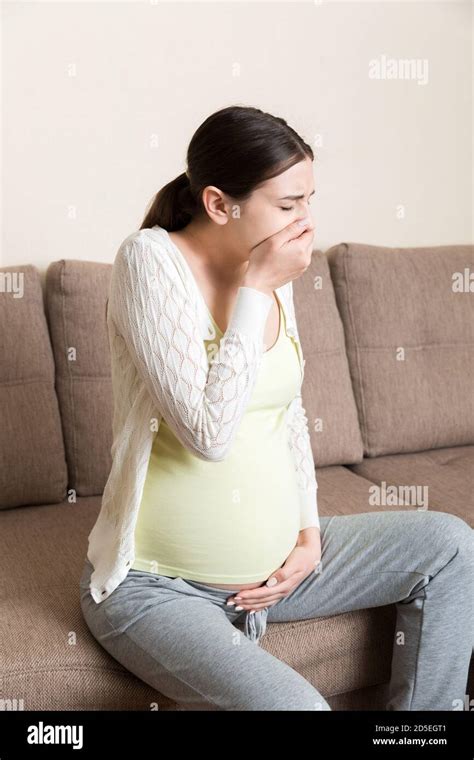 Pregnancy Morning Sickness Pregnant Woman Having Nausea Feeling Bad In Sofa At The Home Stock