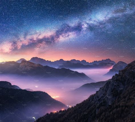 Milky Way Over Mountains In Fog ~ Nature Photos ~ Creative Market
