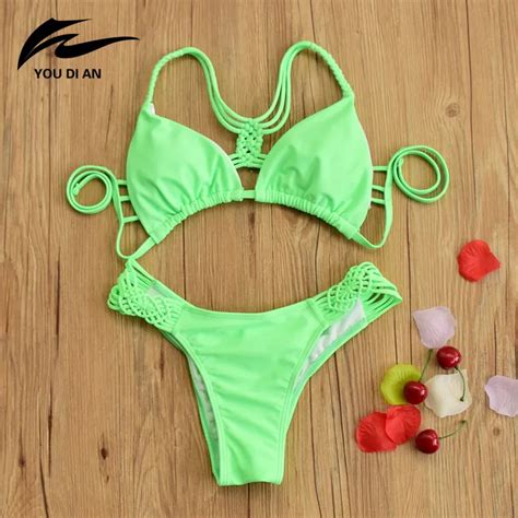 2017 New Arrival Sexy Solid Thong Bikini Women Brazilian Swimwear Girls Bikinis Set Green