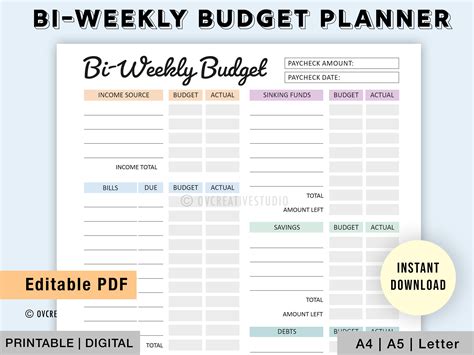 Editable Bi Weekly Budget Planner Printable Digital Etsy