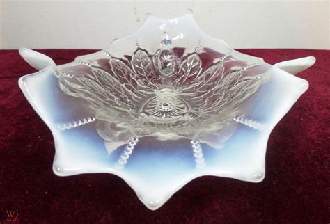 Antique Northwood Glass Leaf Bead Twig Branch Footed Opalescent Bowl