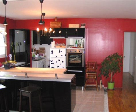 Si votre cuisine est blanche, grise clair ou beige et plan de travail en bois ou en pierre du gris au noir : cuisine noir mur rouge
