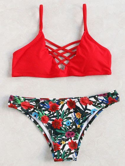 red floral print criss cross bikini set high cut bikini push up bikini bikini beach red