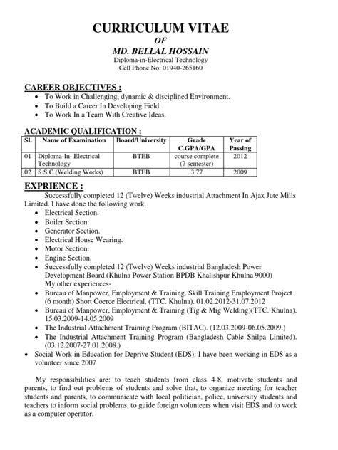 Standard curriculum vitae/resume format for experience candidates. Cv For Bangladeshi Student : Free Resume Templates Work ...