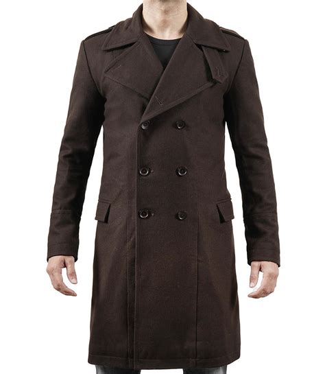 Mens Chocolate Brown Long Wool Coat Double Breasted Low Price In