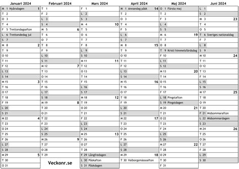 Kalender För 2024 Med Helgdagar Och Veckonummer Online Almanacka Med